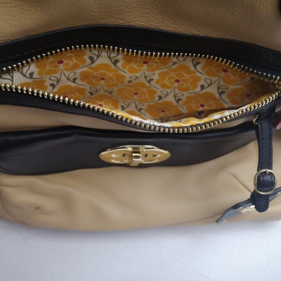 Emma Fox Fold Over Tan & Black w/ Red Handles Genuine Leather Lined Handbag - Picture 6 of 12